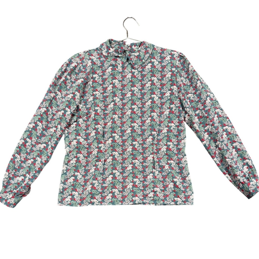 Vintage Pendleton Blouse M Teal Floral Berry Peter Pan Collar Sophisticate